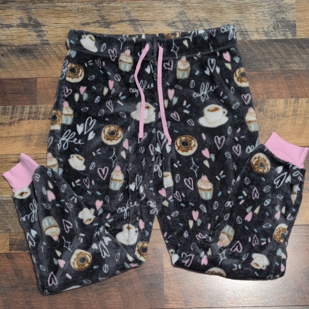 Secret Treasures Black and Pink Fuzzy Coffee Donut Pajama Pants